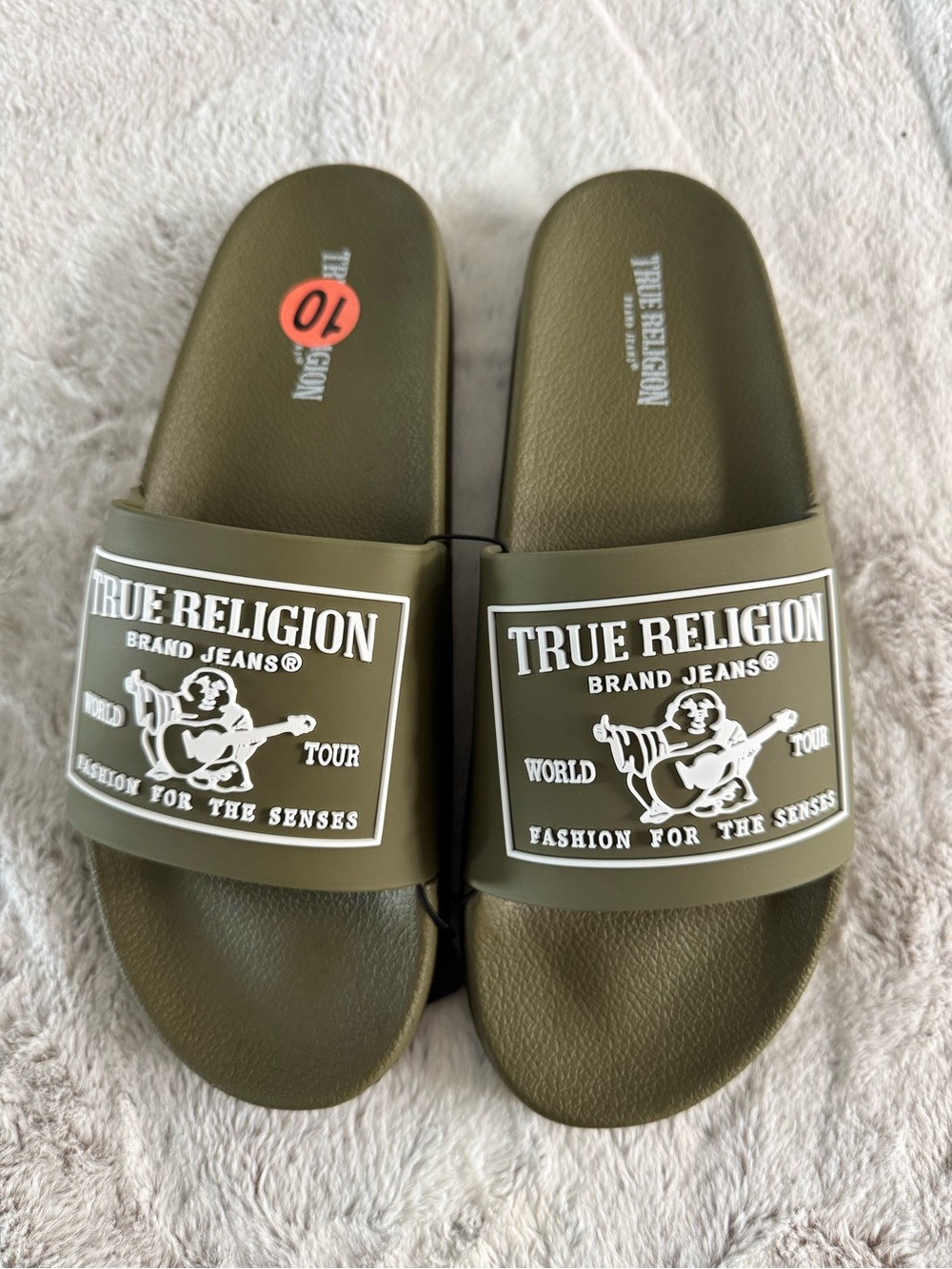 True Religion Olive Green Slide Sandals with White Logo